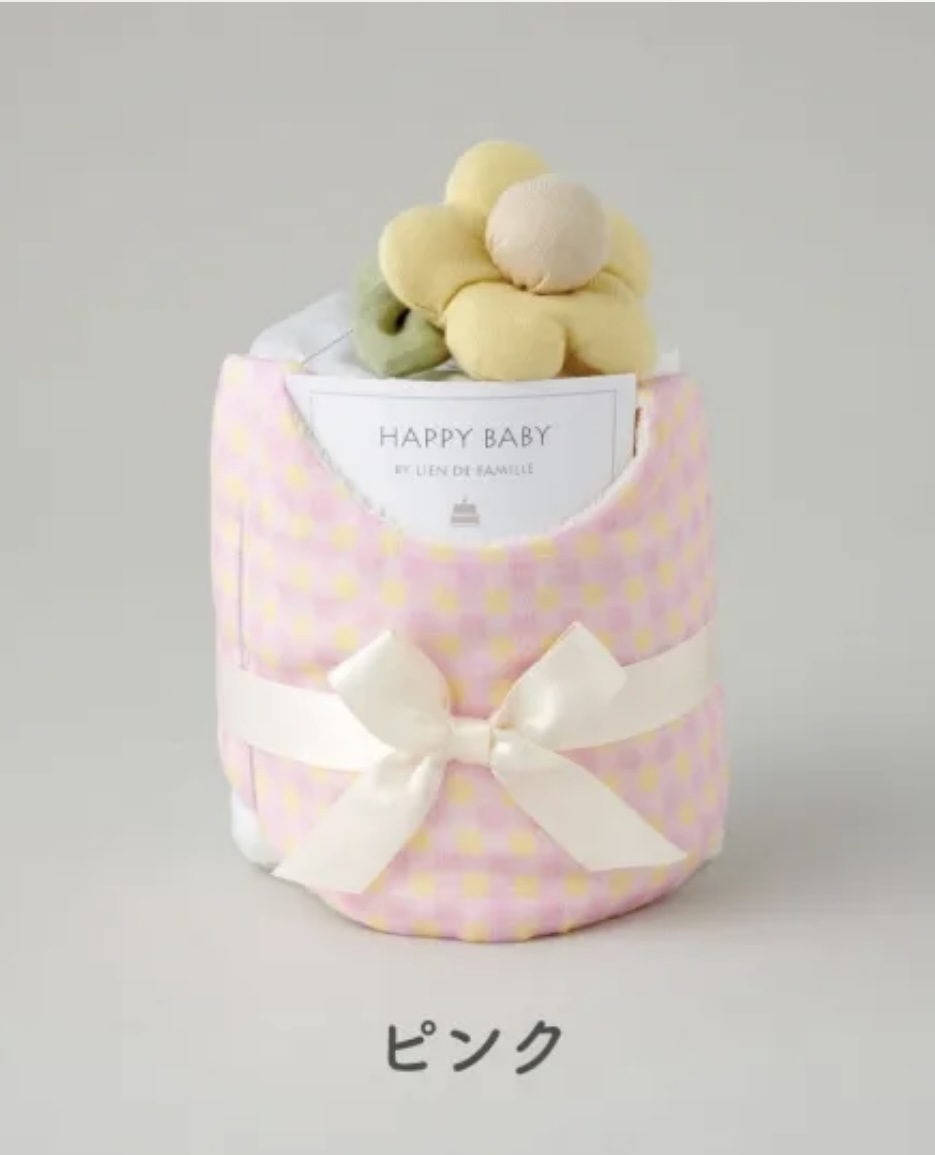 ギンガムチェックスタイとお花のラトルのベビーケーキ