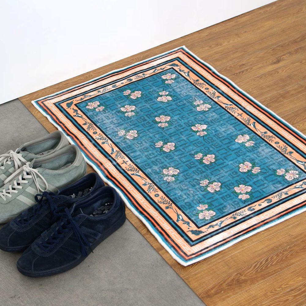 ハンドメイド✃アンティーク ホームスパンリネン＆ボーダー 青ステッチマット ラグ Washable Rug 