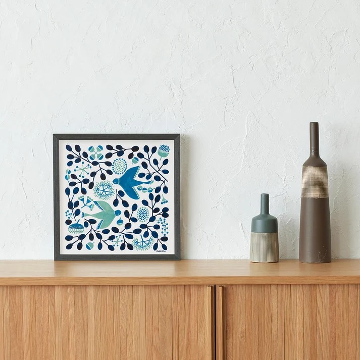 アートポスター　BIRD GARDEN（バードガーデン）blue　30　Designed by Rieko Oka